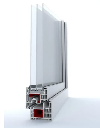 a window frame with a white frame and red trim