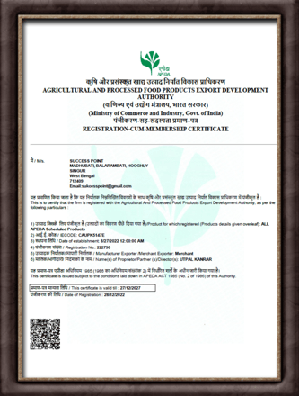 a certificate of APEDA in favour of Success Point provided by Indian Export Promotion Council
