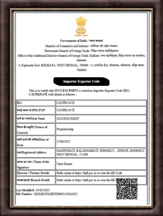 a certificate of Imort Export  in favour of Success Point