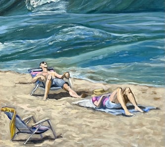 a couple taking a nap on the beach of Cape Cod. oil painting