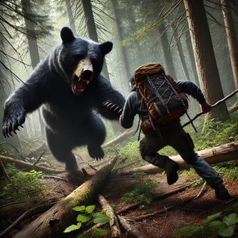 A hyperrealistic depiction of a black bear lunging in attack, claws and teeth visible, while a hiker in survival gear fights 