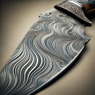 Close-up of a Damascus steel blade with intricate wavy patterns.