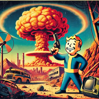 Retro-futuristic nuclear wasteland with a Pip-Boy character and a mushroom cloud in the background.