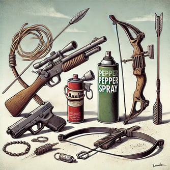 Humorous illustration of impractical apocalypse weapons, like a broken gun and tangled bow.