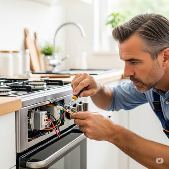 a man in a blue shirt is fixing a stove top