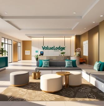 a hotel lobby area with a couch and a table