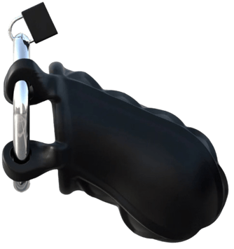 a picture black male chastity cage with a  chrome metal ring on a clear background