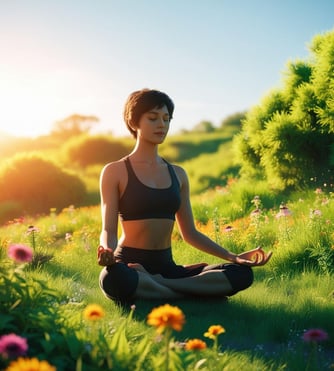 a woman sitting in a field with a sunlit