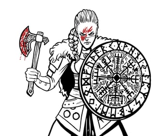 Black and white illustration, Viking warrior woman, axe, shield, runes, strong female character