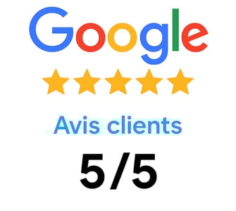 image montrant le logo google avec 5 etoiles avec écrit "Avis clients" en dessous ainsi que 5/5 