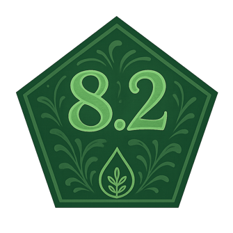 Green pentagon badge displaying Evellon Oils score of 8.2 with ornate leaf drop icon