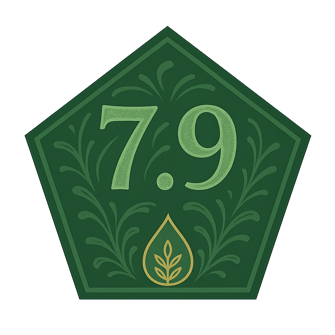 Green pentagon badge displaying Evellon Oils score of 7.9 with decorative leaf drop icon