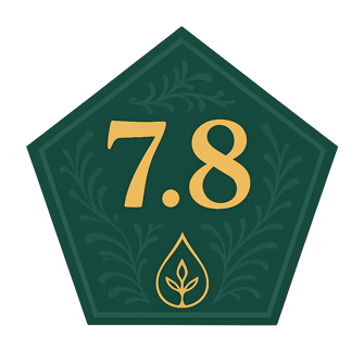 Green pentagon badge displaying Evellon Oils score of 7.8 with ornate leaf drop design