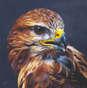 a painting of a cross looking buzzard against a stormy grey sky
