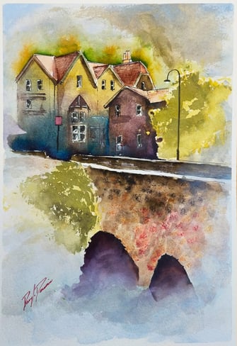 a painting of a bridge over a river