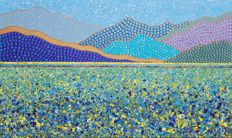 a painting of a field with mountains in the background