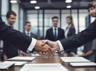 two men shaking hands over a table with papers