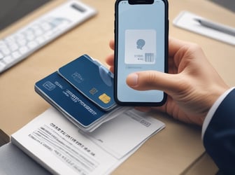 a person holding a phone phone with a credit card