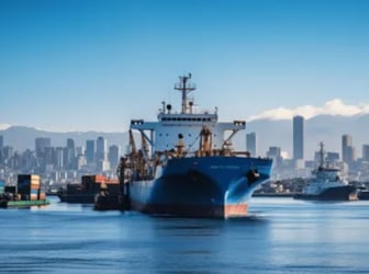 a large ship in the water with a city in the background