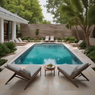 A luxurious residential complex is visible with a modern swimming pool in the foreground. Palm trees and a variety of lush green plants decorate the poolside area, while lounge chairs are placed under shaded wooden structures. The multi-story buildings in the background have balconies and large windows, giving the place a resort-like feel.
