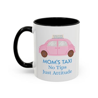 a pink and white mug with a pink taxi cab