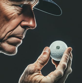 A close-up of a golfer intently examining a golf ball, showcasing the sport's focus and precision.