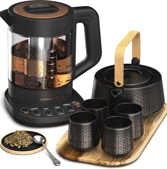 Electric Kettle with Tea Infuser for Loose Leaf Tea And Ceramic Serving Set. Tea Pot And Cups Set Wi