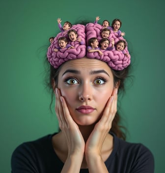 Surprised woman with pink brain with many younger versions of herself. It shows the subconscious min