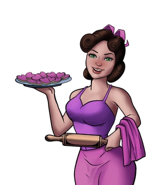 Woman baking cookies, line art illustration, vintage style, kitchen art