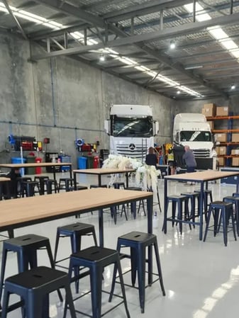 Setup underway in the warehouse for Jodie's friends 50th birthday party in Wacol.