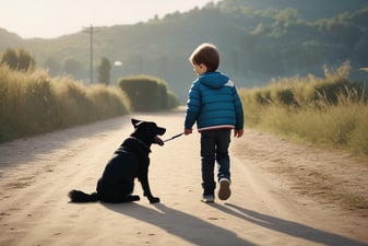 un enfant se promène dans la campagne en tenant son chien en laisse