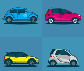 four different colored cars are shown in this set