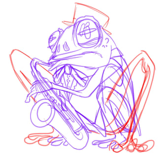 un croquis d'une grenouille qui fait du saxophone