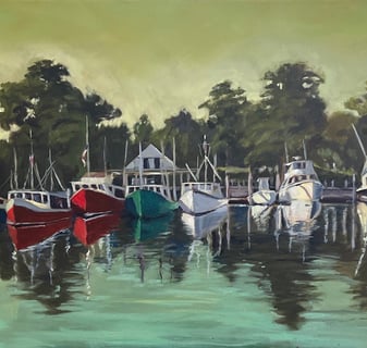 oil paining Rock Harbor in Orleans. morning view of the harbor