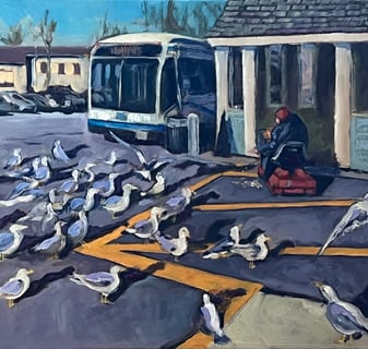 oil painting, scene of old lady feeding seagull in front of bus stop at Stop & Shop in Orleans