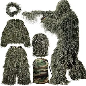 MOPHOTO 5-in-1 Ghillie Suit, 3D camouflage hunting apparel with jacket, pants, hood, and bag