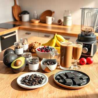 avocado, smoothies and blender on a table