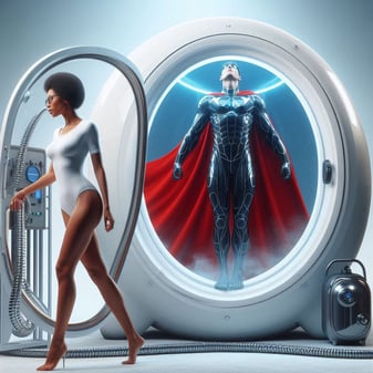 Femme debout devant une machine futuriste, avec un homme à l'intérieur transformé en super héros.