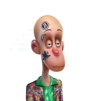 a cartoonish looking man with a Bitcoin tattoo on his head
