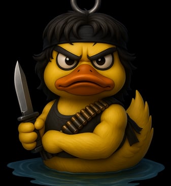 Rambo duck, a rubber duck with a gun in its hand