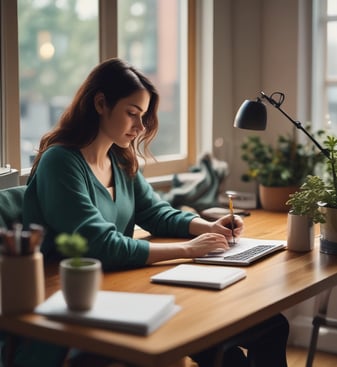 woman sitting beside table inside room