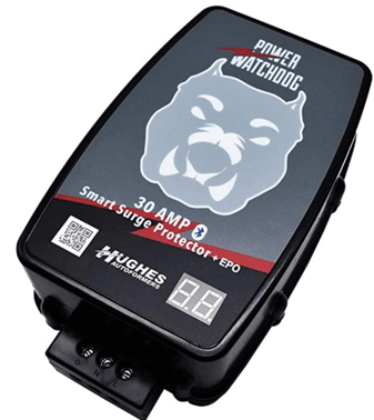 Hughes Autoformer PWD50-EPO RV surge protector 50 amp with EMS connected to a power post, essential 
