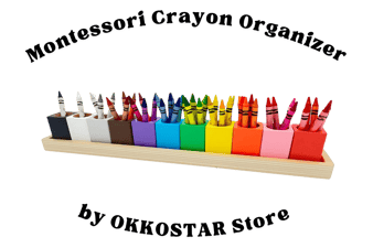 A wooden crayon holder with neatly arranged colorful crayons, designed for easy access and organization.