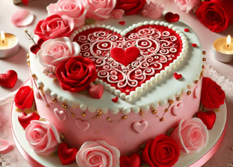 A beautifully decorated Valentine's Day cake with heart-shaped designs, red roses