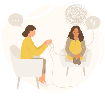 woman holding a thread and another woman being sad on the chair