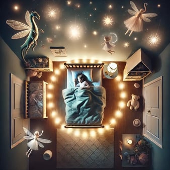 Vue du dessus d’une chambre d’enfant, entourée d’un halo protecteur avec fées et licorne lumineuses.