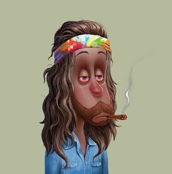 Bearded Toker character with red eyes, tie-dye bandana and smoking a blunt