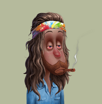 a cartoonish looking man with a beard and a bandanna