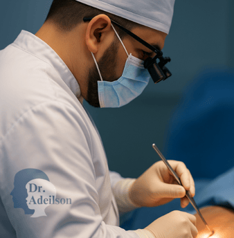 Dr. Adeilson Moreira operando tireoide com lupas cirúrgicas em centro cirúrgico iluminado