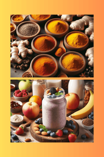 a variety of different foods and drinks in a collage of different colors